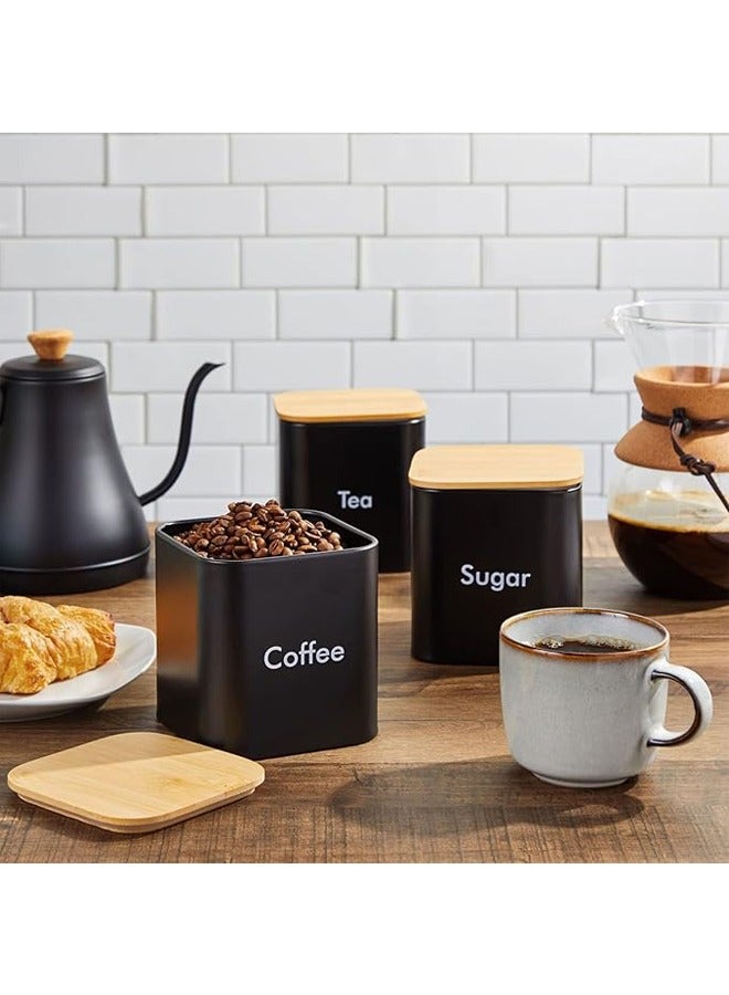 Arabest Set of 3 Coffee, Tea, and Sugar Canister Black Iron – Kitchen Storage Jars with Bamboo Lid and Name Marker – Simple Flour Container  - Image 2