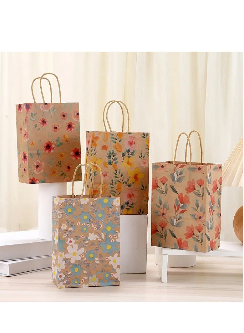 8pcs 21*15*8cm colorful flower kraft paper tote bags for shopping and parties. Durable kraft paper bags and party favor bags are perfect for decorations for birthdays, weddings and various events, a - Image 1