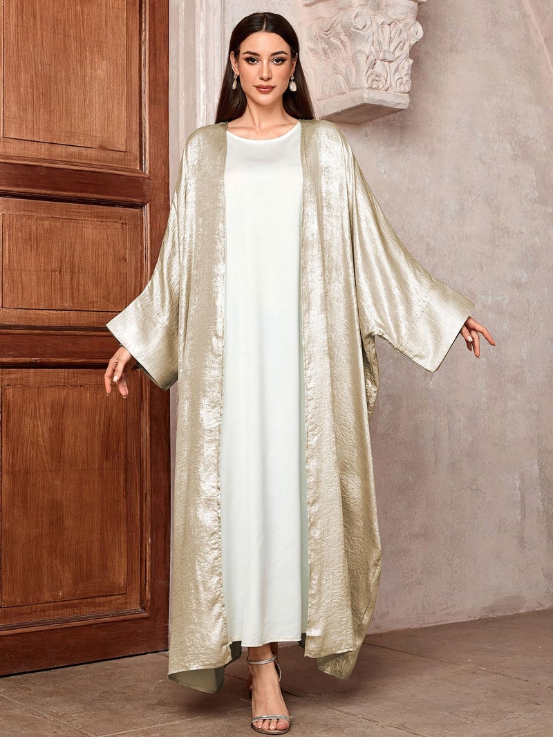MedeShe Shiny Party Abaya Ramadan Eid Batwing Open Kimono Dubai Muslim Damen Abayas For Women Kaftan Dress Islamic Clothing (Beige, One Size) - Image 2