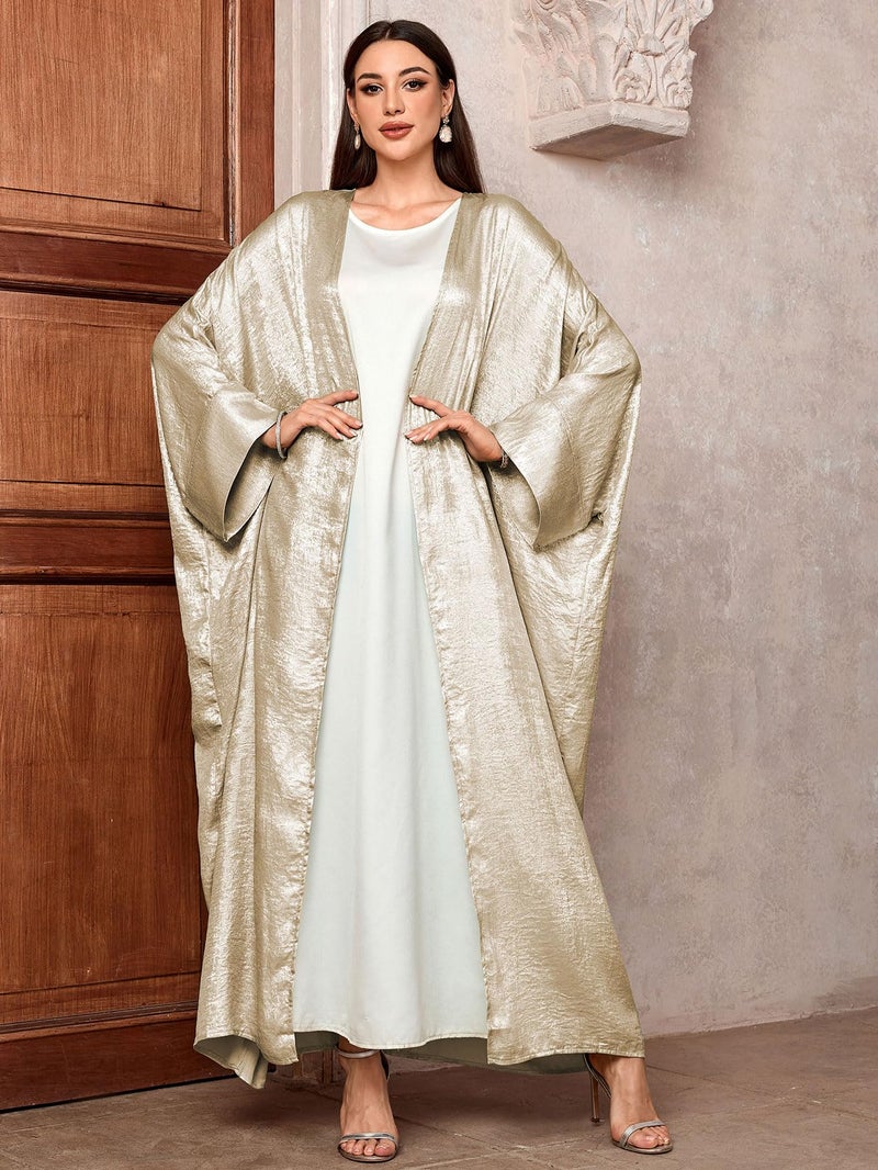 MedeShe Shiny Party Abaya Ramadan Eid Batwing Open Kimono Dubai Muslim Damen Abayas For Women Kaftan Dress Islamic Clothing (Beige, One Size) - Image 3