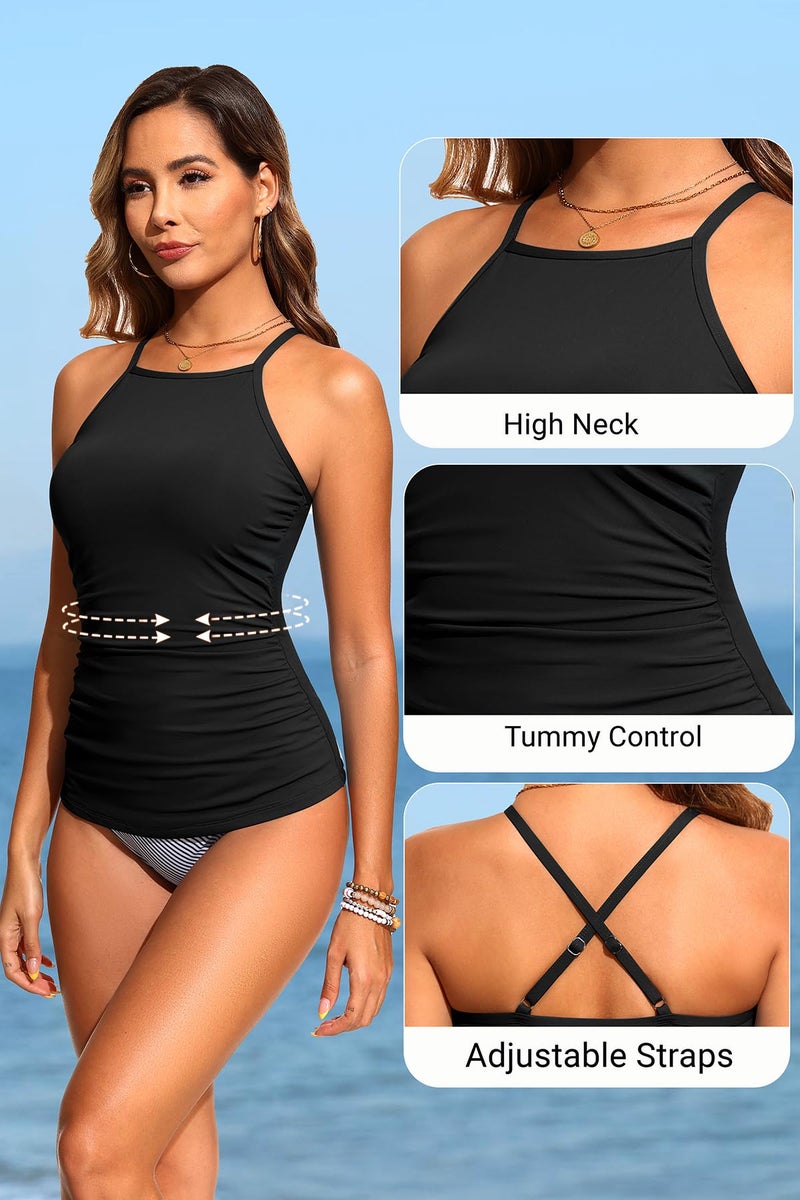 Yonique Women Tankini Swim Top Only - High Neck Bathing Suit Tops Tummy Control Tank Top No Bottom Black L - Image 5