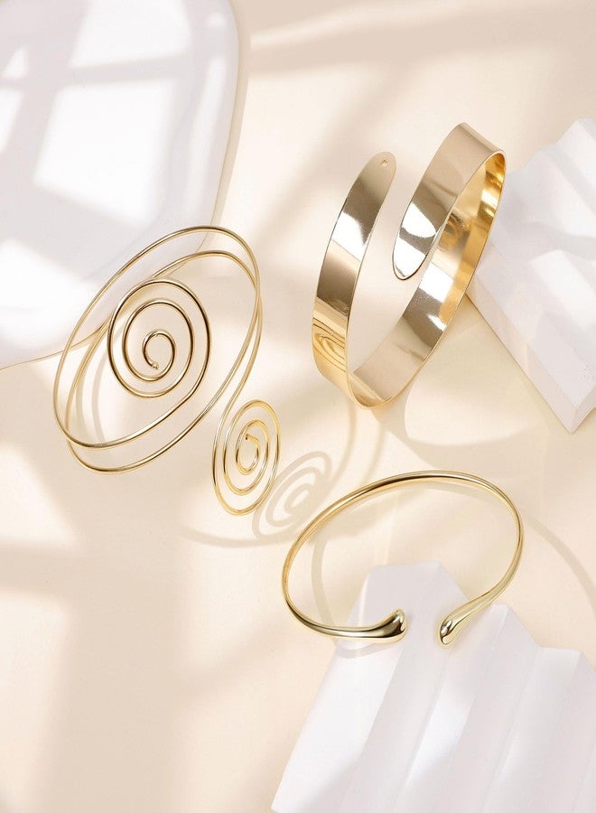 REVOLIA 3Pcs Arm Cuff Bracelet Gold Upper Arm Band Cuff for Women Adjustable Arm Cuff Bangle Bracelet Minimalist Coil Flower Armlet Armband Jewelry Set Style-A Gold - Image 2