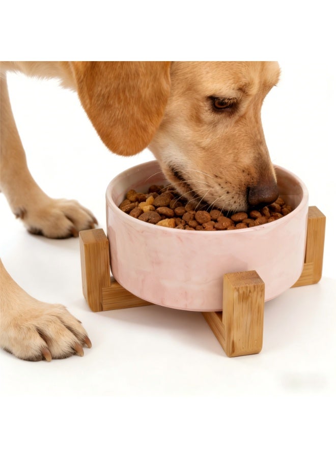 EPET Elevated Marble Pattern Ceramic Pet Bowl with Wood Stand, Single Bowl(Pink, Medium) - Image 1