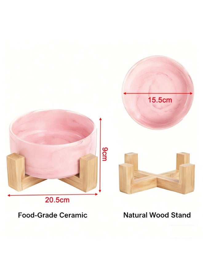 EPET Elevated Marble Pattern Ceramic Pet Bowl with Wood Stand, Single Bowl(Pink, Medium) - Image 2