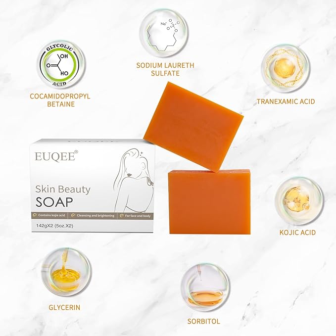 EUQEE Turmeric Kojic Acid Soap Turmeric Soap Bars with Turmeric Vitamin C Retinol Collagen Coconut Oil Tea Tree Oil for Skin BrighteningReduce Acne Scars Dark Spot with a Foaming Net 2x142g - Image 2