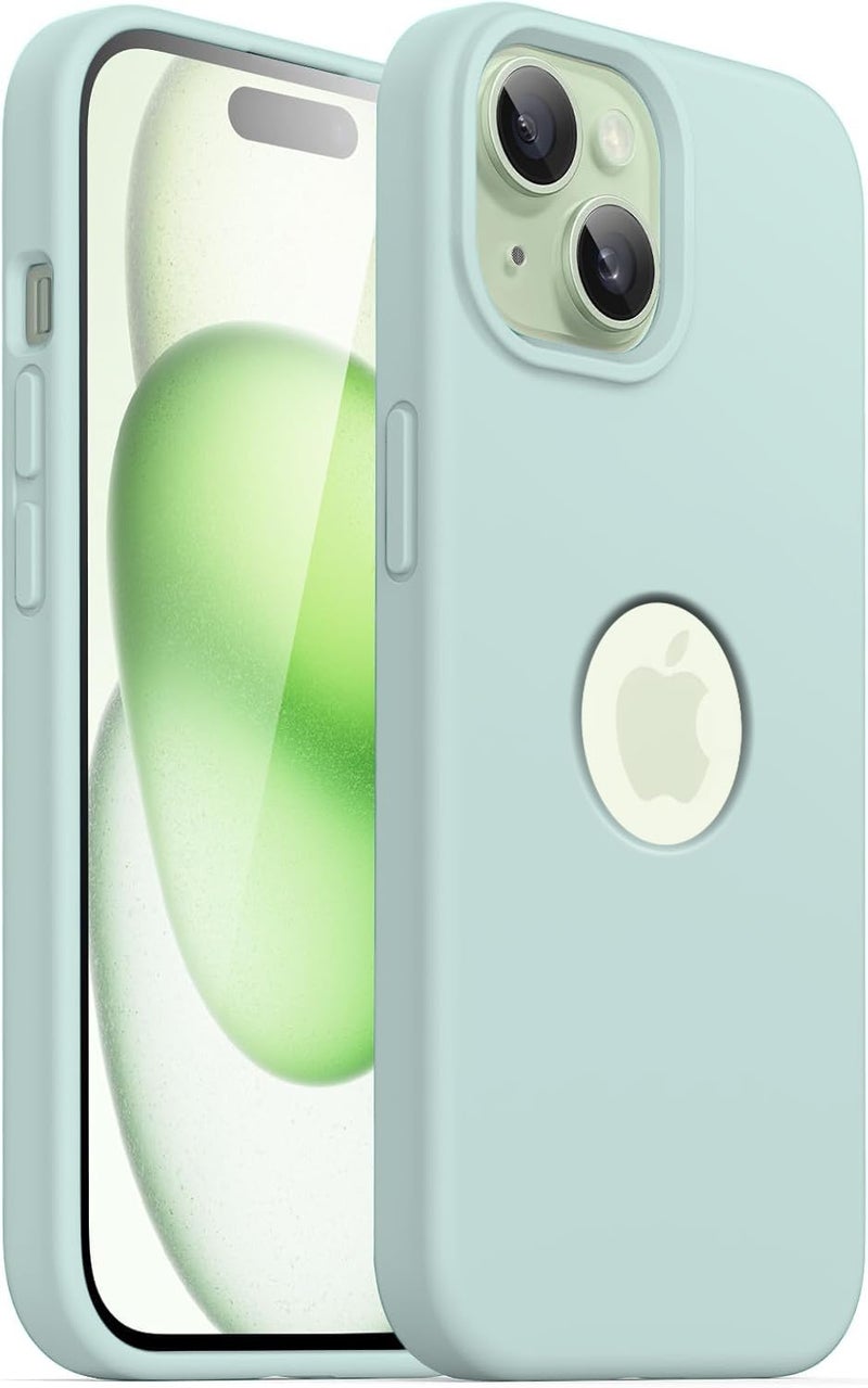 Elzzi غطاء ميكروفايبر مع شعار مقصوص متوافق مع غلاف آيفون 15 من سائل السيليكون، غلاف كامل الجسم 4 طبقات واقية، غلاف خلفي مضاد للصدمات مع حواف كاميرا مرتفعة (6.1 بوصة، أخضر نعناعي) - Image 1