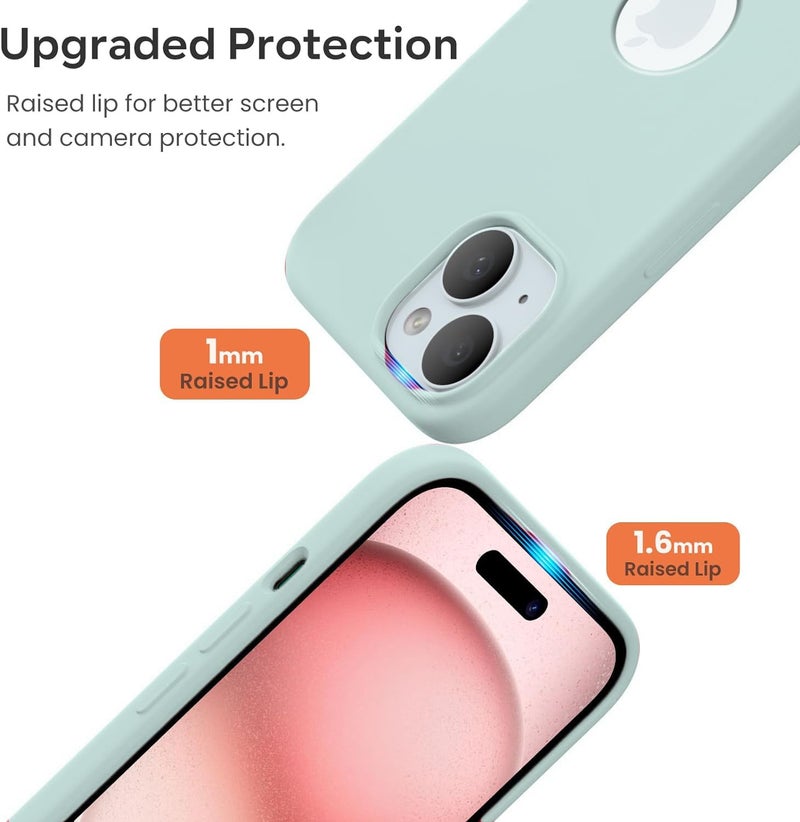 Elzzi غطاء ميكروفايبر مع شعار مقصوص متوافق مع غلاف آيفون 15 من سائل السيليكون، غلاف كامل الجسم 4 طبقات واقية، غلاف خلفي مضاد للصدمات مع حواف كاميرا مرتفعة (6.1 بوصة، أخضر نعناعي) - Image 3