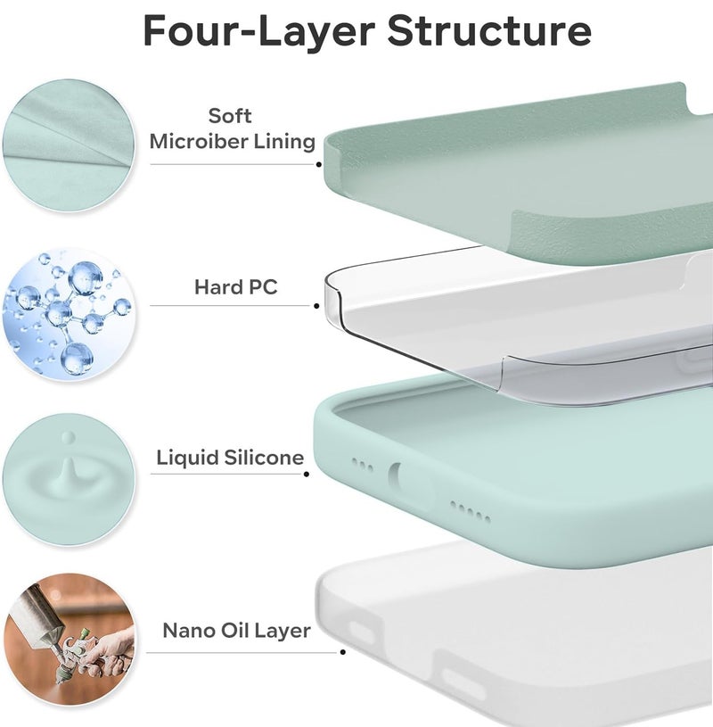Elzzi غطاء ميكروفايبر مع شعار مقصوص متوافق مع غلاف آيفون 15 من سائل السيليكون، غلاف كامل الجسم 4 طبقات واقية، غلاف خلفي مضاد للصدمات مع حواف كاميرا مرتفعة (6.1 بوصة، أخضر نعناعي) - Image 5