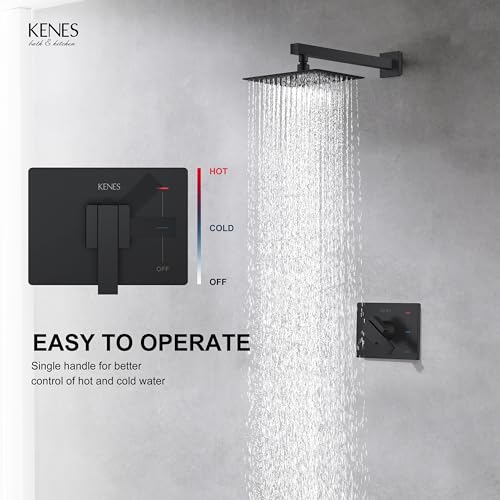 KENES Matte Black Shower Faucet with 10-Inch Shower Head and Handle Set, Square Shower Faucet Set Bathroom Rainfall Shower System Wall Mount, KE-6024B-2 (Shower Valve Included) - Image 4