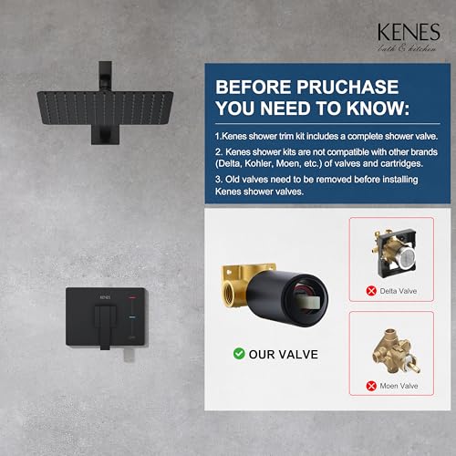 KENES Matte Black Shower Faucet with 10-Inch Shower Head and Handle Set, Square Shower Faucet Set Bathroom Rainfall Shower System Wall Mount, KE-6024B-2 (Shower Valve Included) - Image 3