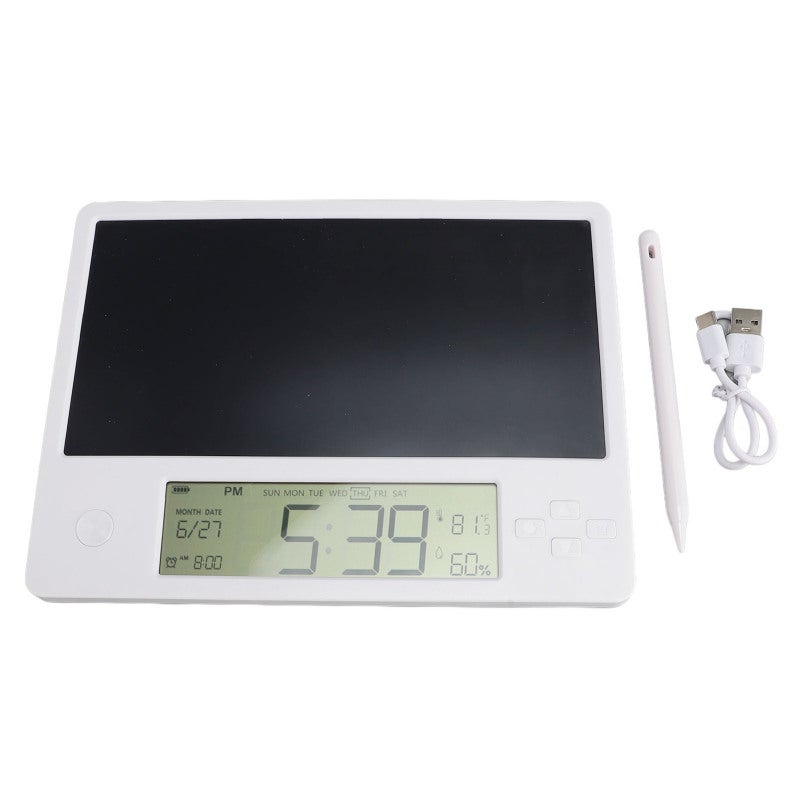 LCD Writing Tablet 12/24 Hour Time Date Temperature Humidity Display - Repeatable Erase Touch Desktop Electronic Calendar with Notepad for Office Desk Organization - Image 1