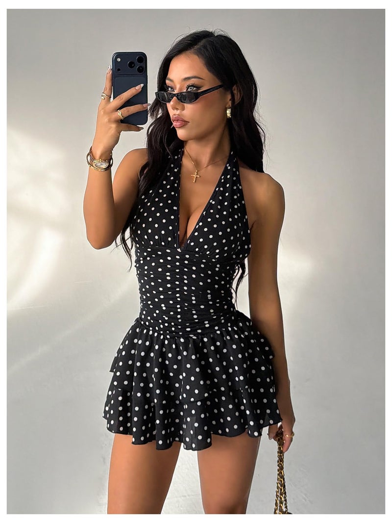 OYOANGLE Women's Polka Dots A Line Mini Halter Top Dress Backless Ruched Layered Ruffle Dresses Black and White Small - Image 5