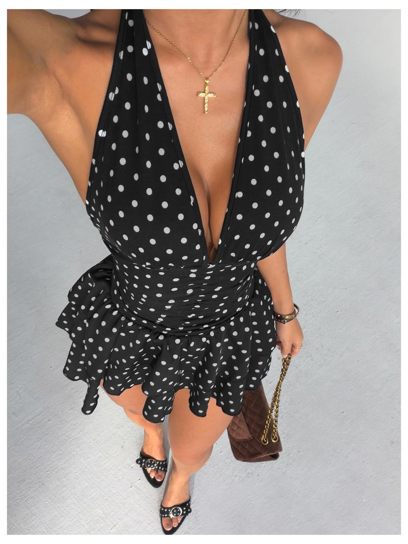OYOANGLE Women's Polka Dots A Line Mini Halter Top Dress Backless Ruched Layered Ruffle Dresses Black and White Small - Image 4