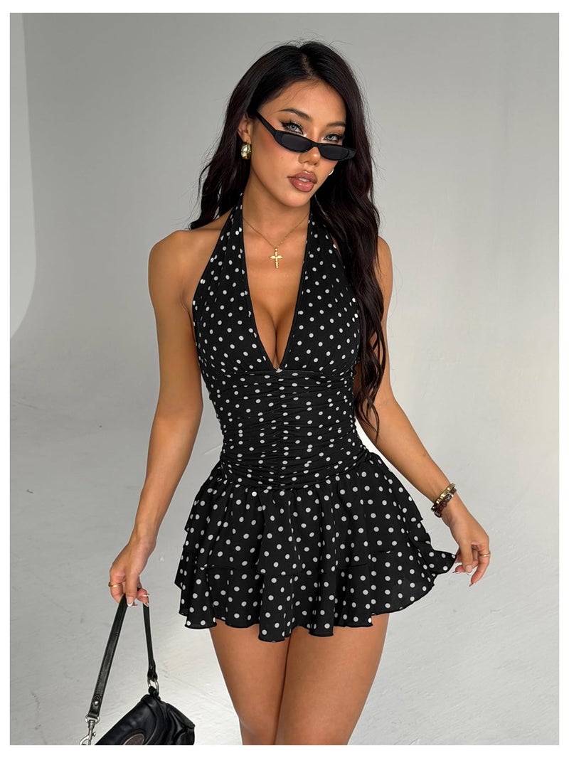 OYOANGLE Women's Polka Dots A Line Mini Halter Top Dress Backless Ruched Layered Ruffle Dresses Black and White Small - Image 3