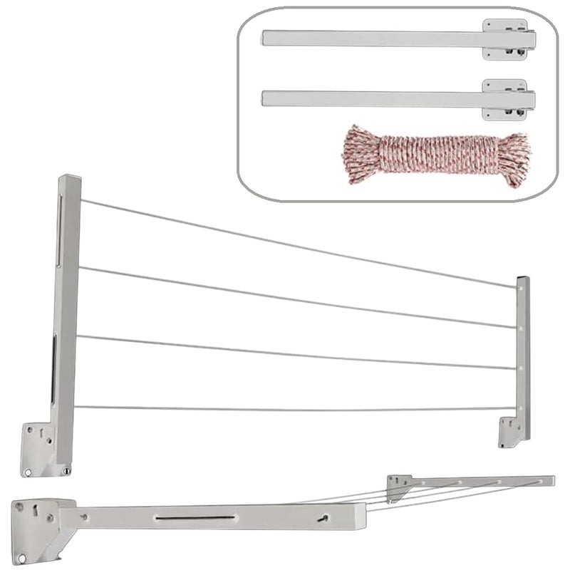 Viulvuk Heavy Metal Cloth Drying Stand with 40 Feet Rope Fasteners Rust Proof Wall Mount Cloth Dryer Hanger Foldable Collapsible Clothes Dry rack for Home Balcony Parking 4 Tier Ivory White - Image 1