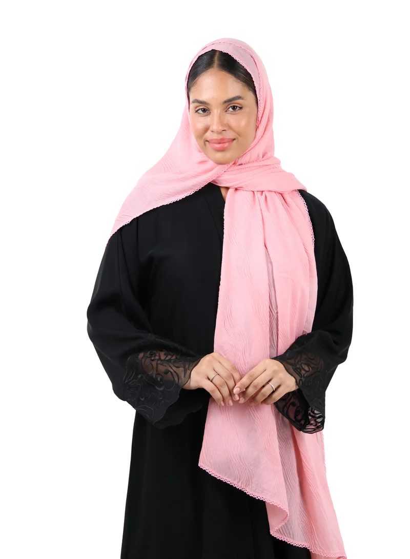 Wave Pattern Cotton Crush Scarf with Lace Trim (Dusty Pink)