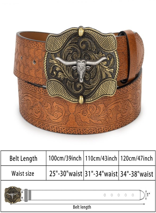 Mealah Cowboy Belts for Women-Men-Embossed Western Cowgirl Belt With Vintage Wave Longhorn Bull Buckle for Jeans Pants - Image 2