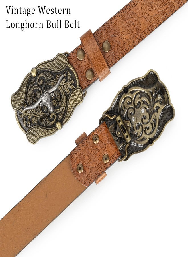 Mealah Cowboy Belts for Women-Men-Embossed Western Cowgirl Belt With Vintage Wave Longhorn Bull Buckle for Jeans Pants - Image 4