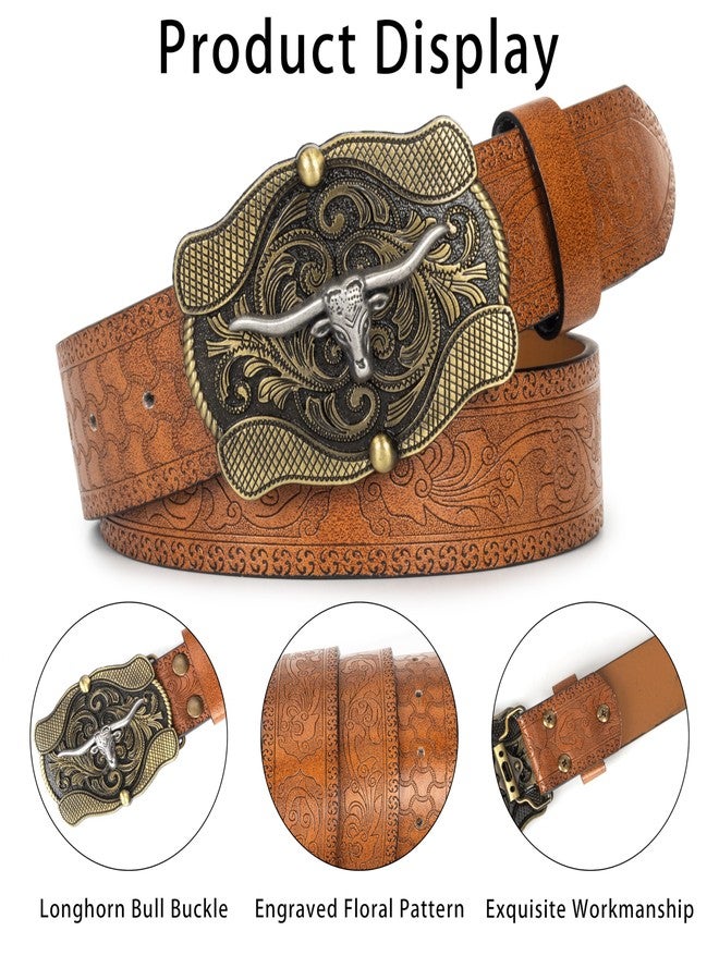 Mealah Cowboy Belts for Women-Men-Embossed Western Cowgirl Belt With Vintage Wave Longhorn Bull Buckle for Jeans Pants - Image 3