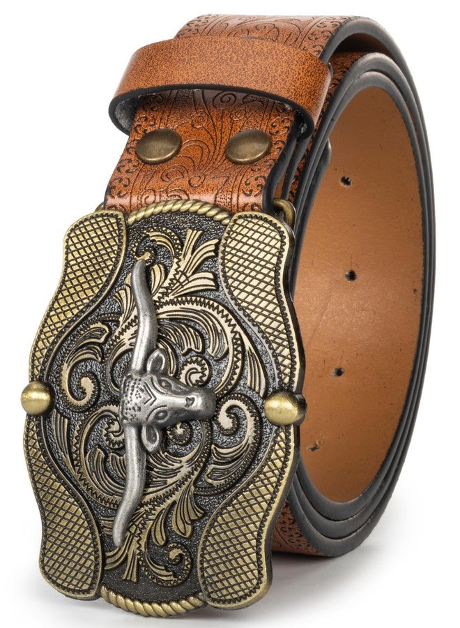 Mealah Cowboy Belts for Women-Men-Embossed Western Cowgirl Belt With Vintage Wave Longhorn Bull Buckle for Jeans Pants - Image 5