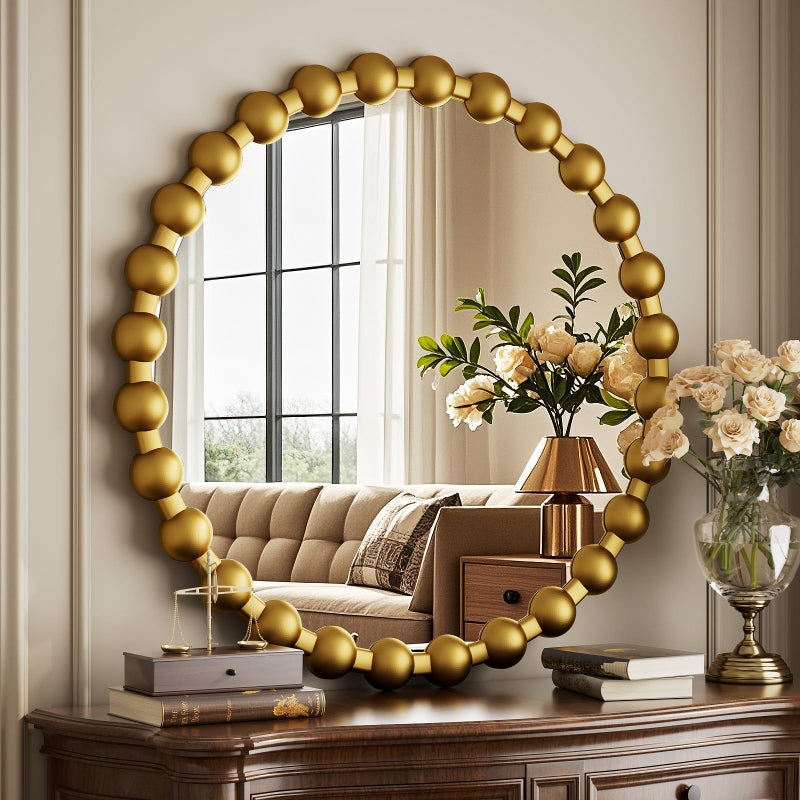 Easly Round Mirror for Wall, 24 Inch Gold Beaded Frame Decorative Vanity Mirror, Circle Bathroom Mirror with High-Definition Lense, Modern Wall Decor for Bathroom, Living Room, Bedroom, Entryway - Image 1