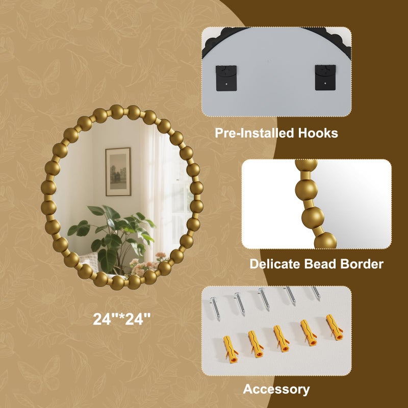 Easly Round Mirror for Wall, 24 Inch Gold Beaded Frame Decorative Vanity Mirror, Circle Bathroom Mirror with High-Definition Lense, Modern Wall Decor for Bathroom, Living Room, Bedroom, Entryway - Image 4