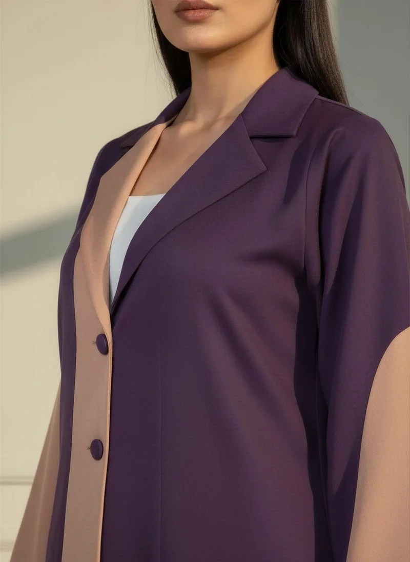 أم سكوير فاشن Deep Purple Abaya with Peach Contrast Trim, Blazer Style Collar Design