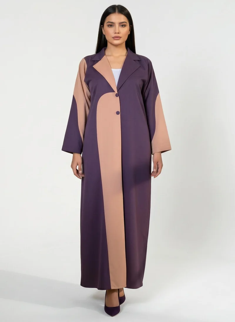 أم سكوير فاشن Deep Purple Abaya with Peach Contrast Trim, Blazer Style Collar Design