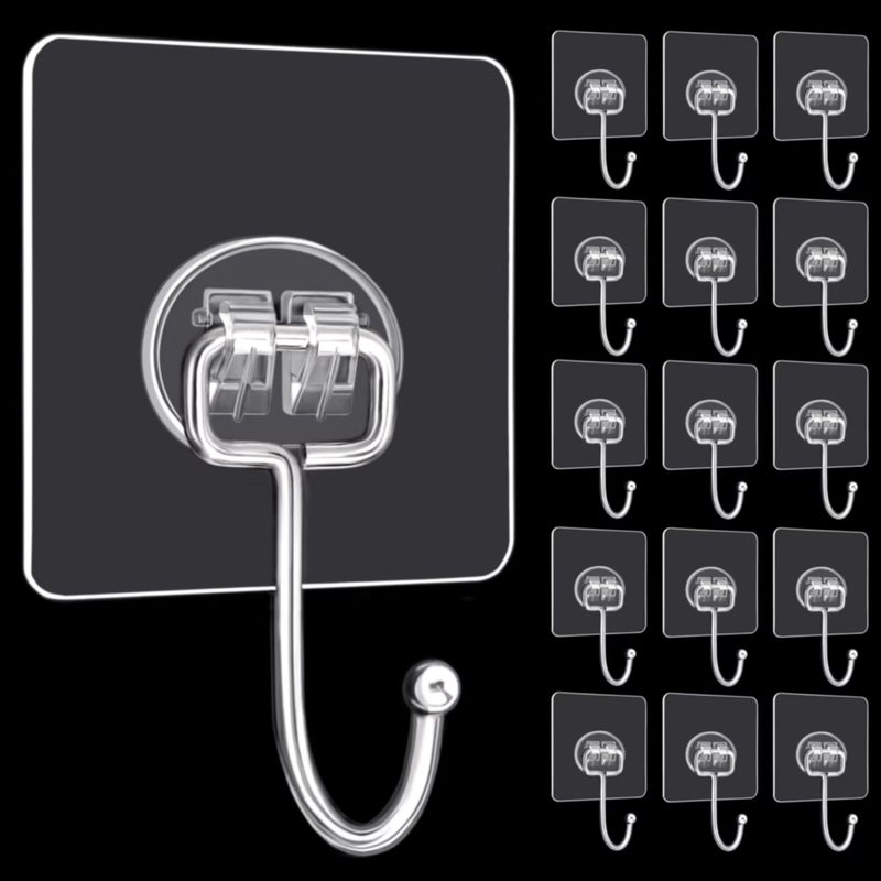 DKHDBD Large Adhesive Hooks, 16-Pack Hold 33lb(Max) Heavy Duty Sticky Hooks, Waterproof Transparent Hooks for Hanging, Self-Adhesive Traceless Clear Wall Hooks to Use for Keys Robe & Towel - Image 1