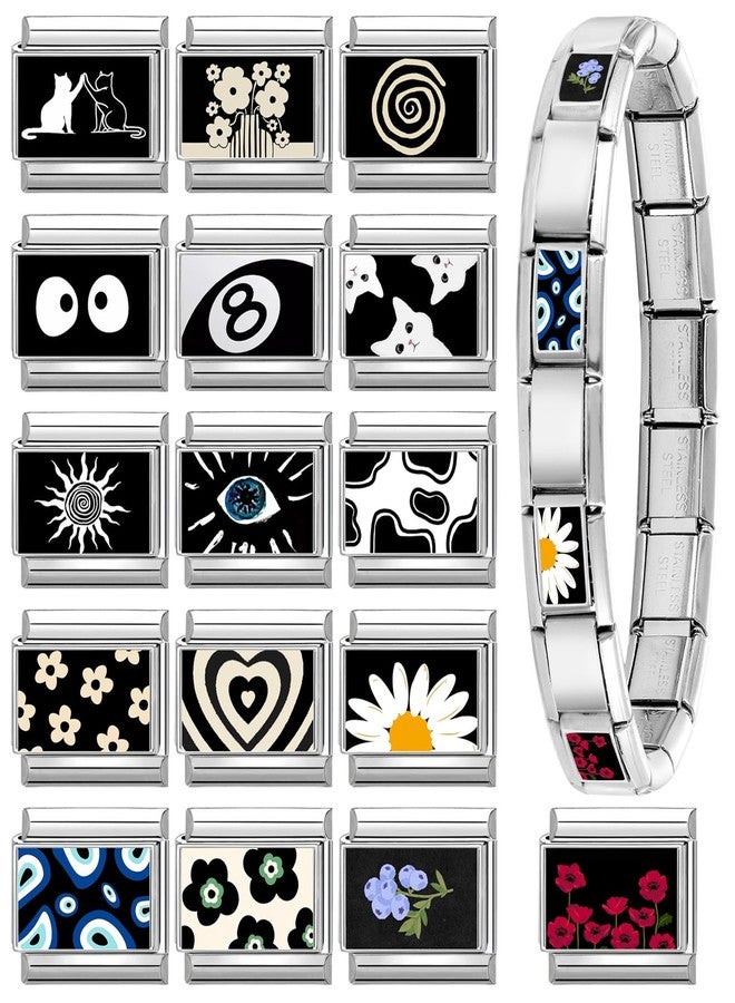 papasgix 11Pcs Italian Charms Set, 10mm*9mm Silvery Italian Charm Bracelet Link Black Patterns Stainless Steel DIY Jewelry Gifts (Heart) - Image 3