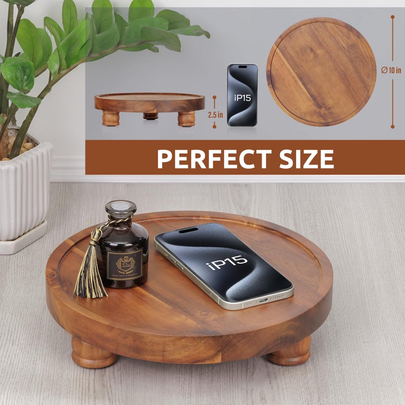 Demigo 10" Acacia Wood Round Tray - Decorative Plant Stand, Farmhouse Countertop Organizer, Multi-Purpose Display Pedestal, Riser Board for Soap, Perfume, Candles, Sponge, Bathroom, Kitchen - Image 2