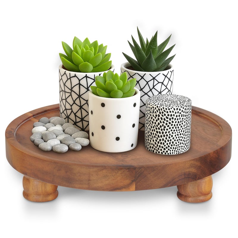 Demigo 10" Acacia Wood Round Tray - Decorative Plant Stand, Farmhouse Countertop Organizer, Multi-Purpose Display Pedestal, Riser Board for Soap, Perfume, Candles, Sponge, Bathroom, Kitchen - Image 1