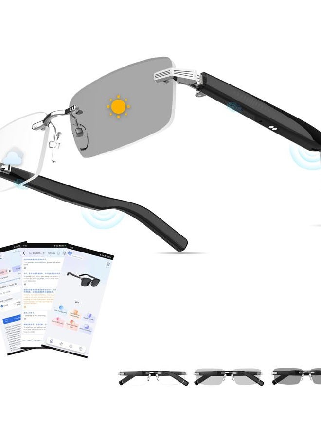 Jacuate AI Smart Bluetooth Glasses for Men and Women with Chat GPT, Translation Glasses with 115 Languages and Rimless Photochromic Lens, Hands-Free Calls, UV Protection Translator Sunglasses for Music, work - Image 1