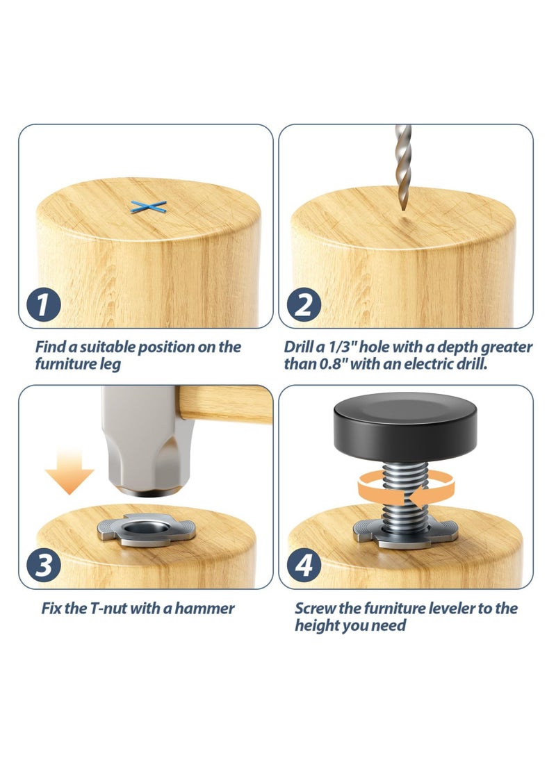 CMGTYYD. مسويات أثاث، أقدام تسوية أثاث مع صواميل على شكل حرف T، 12 قطعة من مسويات قابلة للتعديل بخيوط 1/4 بوصة - 20 UNC، ومسويات أرجل طاولات تُثبّت بالبراغي للطاولات والكراسي وأرجل المقاعد والخزائن. - Image 4