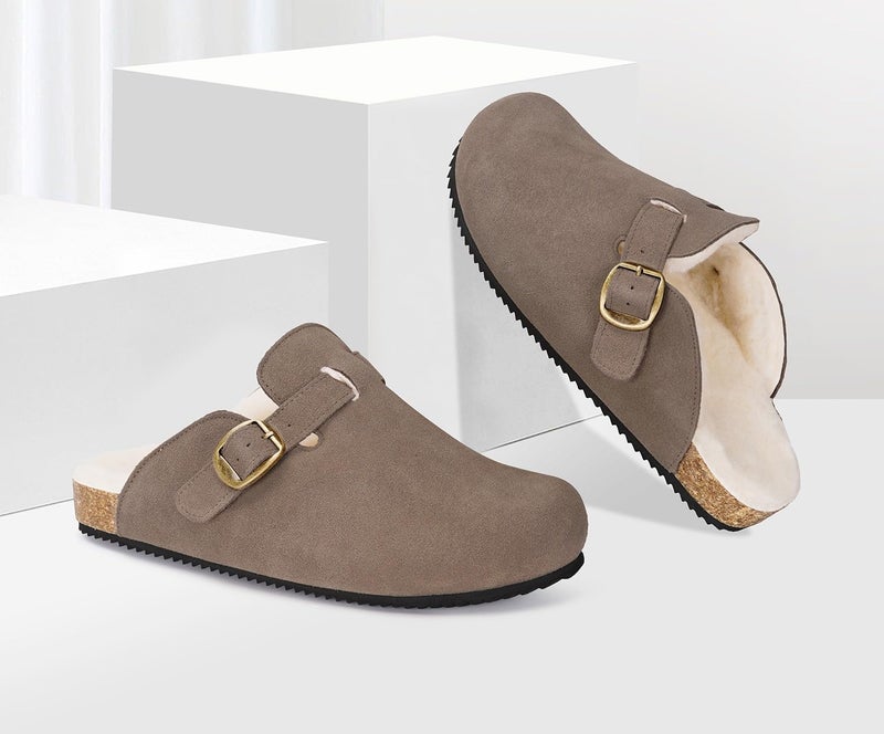Intini Womens Fur Lined Suede Clogs Mens Fuzzy Leather Mules Cork Footbed Slip On Winter Potato Shoes with Arch Support Dark Brown 12 Women/11 Men - Image 2