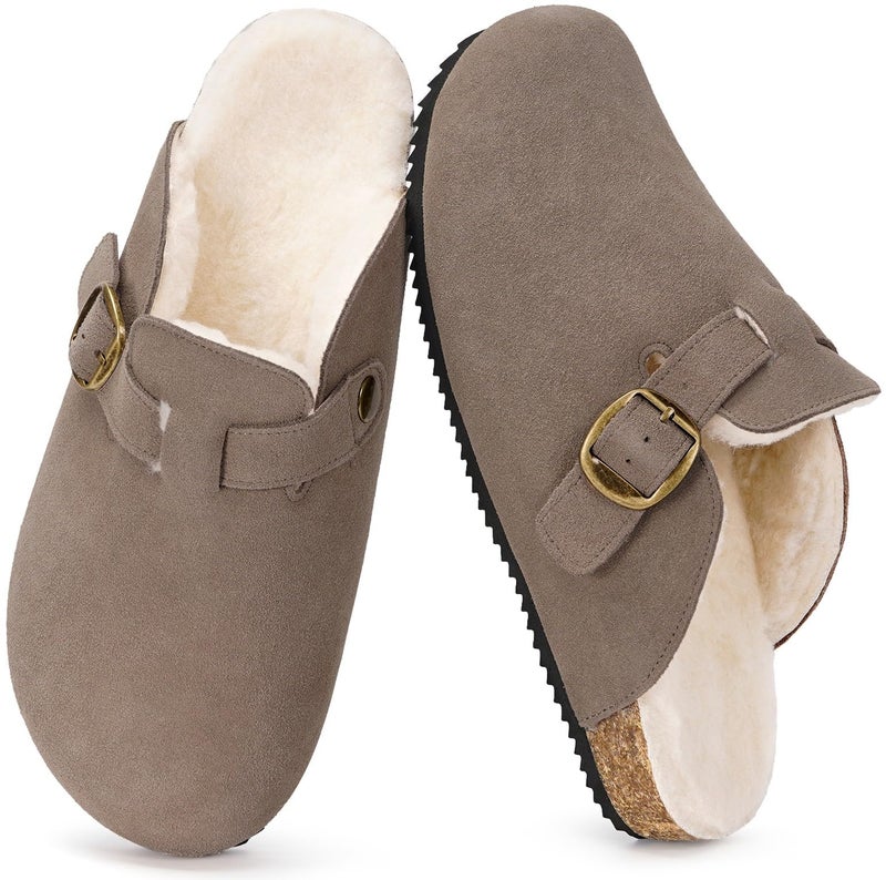 Intini Womens Fur Lined Suede Clogs Mens Fuzzy Leather Mules Cork Footbed Slip On Winter Potato Shoes with Arch Support Dark Brown 12 Women/11 Men - Image 1