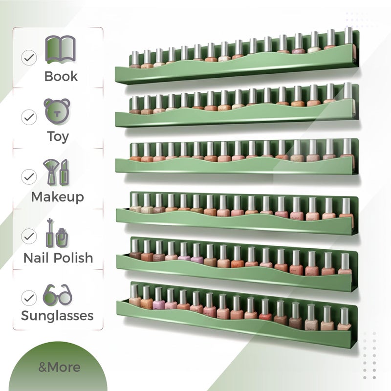 YMVV 6 Pack Nail Polish Wall Mounted Shelf,15 Inch Nail Polish Floating Shelves for 66-90 Bottles Multi-Purpose,Ideal Gift, Great Display for Salons Retailers,Dark Green - Image 2