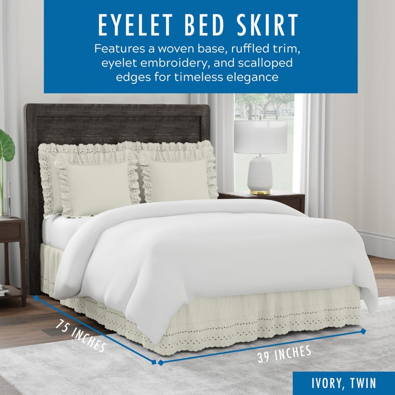 Fresh Ideas Eyelet Bed Skirt, Ruffled Design, 14 Inch Drop, Embroidered Scalloped Edge, Twin, Ivory - Image 2