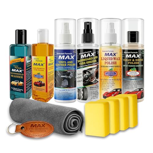 MAX Premium Car Care Kit (Pack of 6 Items of 200 ML Each, 1 Pc Microfiber Cloth 350 GSM, 4 Pcs Foam Applicators and 1 Pc Leather Keychain) for Car Cleaning, Washing, Conditioning, Rubbing and Polishing - Image 1