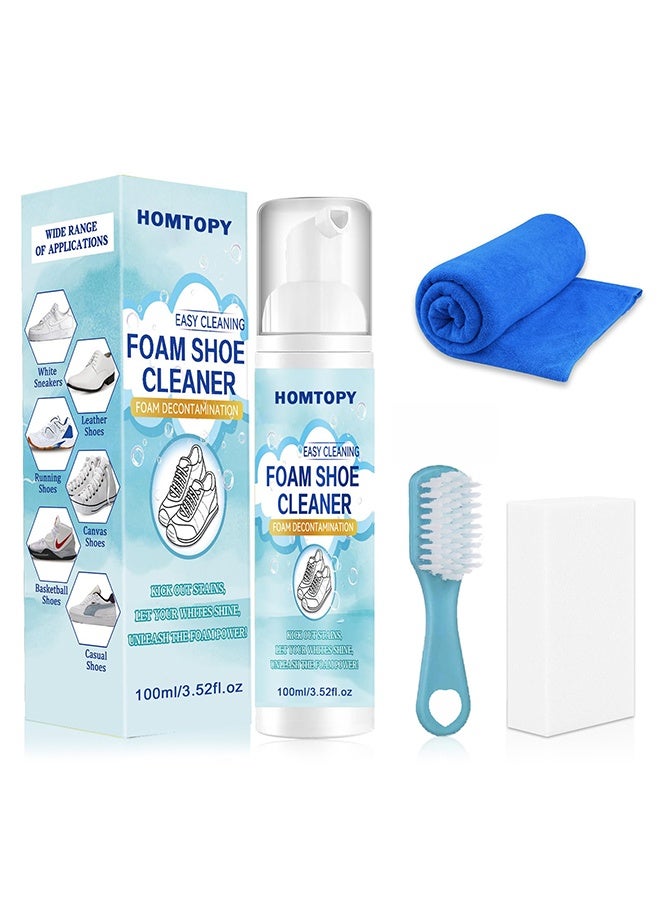 HOMTOPY Foam Shoe Cleaner, White Shoe Cleaner With towel, brush and sponge, Shoe Cleaner Sneakers Kit Removes Dirt And Stain, Sneaker Cleaning Kit For White Shoes, Suede, Leather, Knit, Boots, Canvas, Fabric,100ML - Image 1