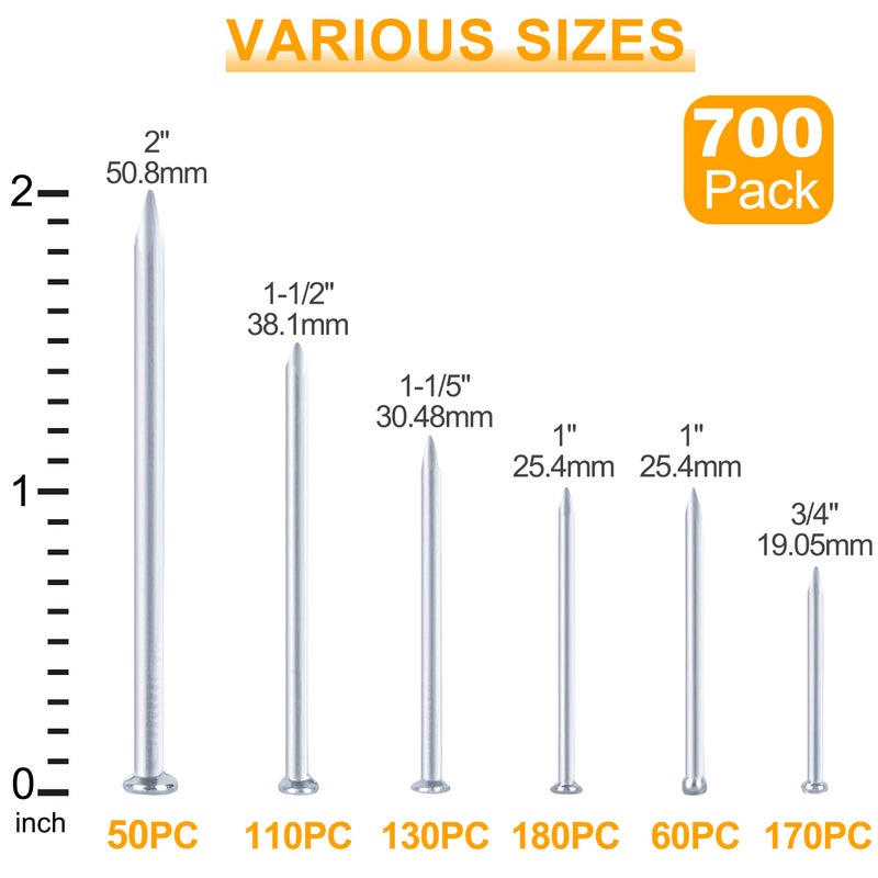 KURUI 700pcs Hardware Nails for Hanging Pictures Assorted Kit, Up to 2"-Long Picture Hanging Nails for Wall Drywall Wood, Finish Nails Assortment Kit, 640 Frame Nails and 60 Small Finishing Nails - Image 2