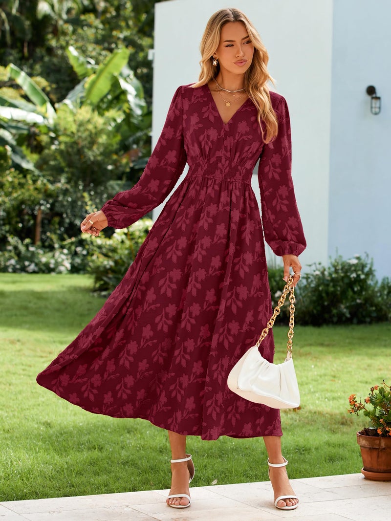 Simplee Womens Boho Floral Long Sleeve Maxi Dress Semi Formal Wedding Guest Dresses Elegant Holidy Party Dress Burgundy XL - Image 2