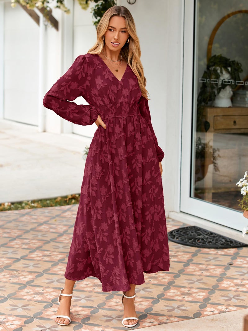 Simplee Womens Boho Floral Long Sleeve Maxi Dress Semi Formal Wedding Guest Dresses Elegant Holidy Party Dress Burgundy XL - Image 5
