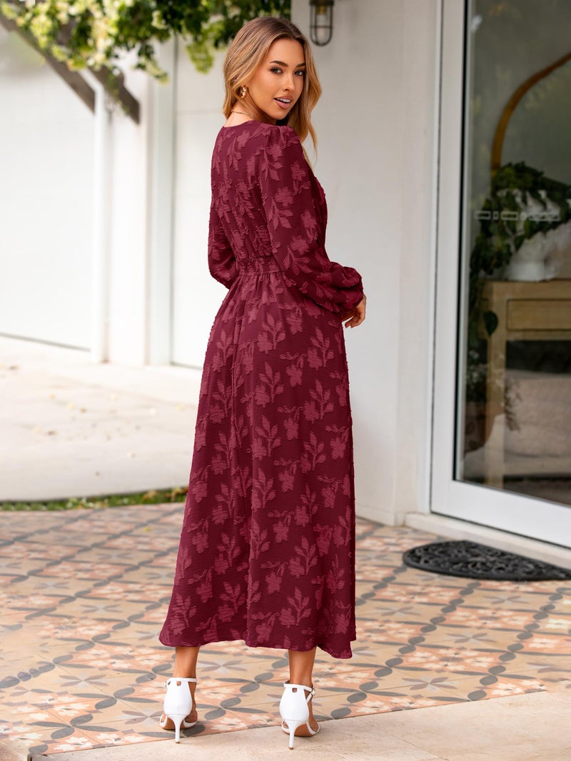 Simplee Womens Boho Floral Long Sleeve Maxi Dress Semi Formal Wedding Guest Dresses Elegant Holidy Party Dress Burgundy XL - Image 4