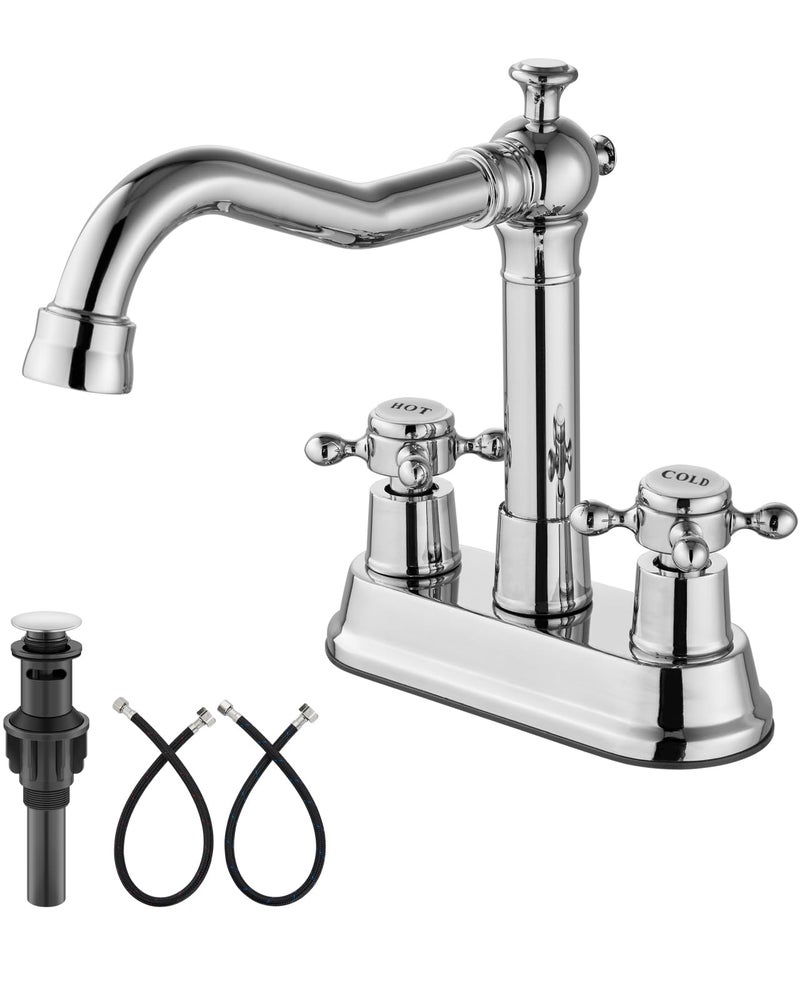 Aolemi 4 Inch Centerset Bathroom Sink Faucet Vintage 2 Cross Handle RV Mixer Tap Basin Vanity Lavatory Utility for Sink 3 Hole Include Hoses Pop Up Drain Faucet Handle with Label Polish Chrome - Image 2