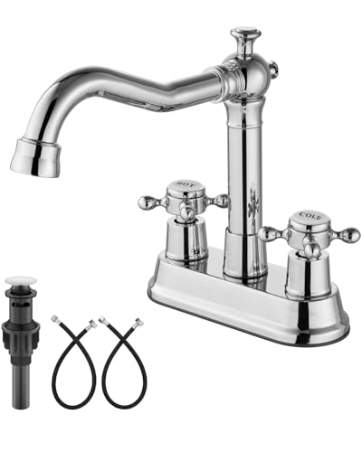Aolemi 4 Inch Centerset Bathroom Sink Faucet Vintage 2 Cross Handle RV Mixer Tap Basin Vanity Lavatory Utility for Sink 3 Hole Include Hoses Pop Up Drain Faucet Handle with Label Polish Chrome - Image 1