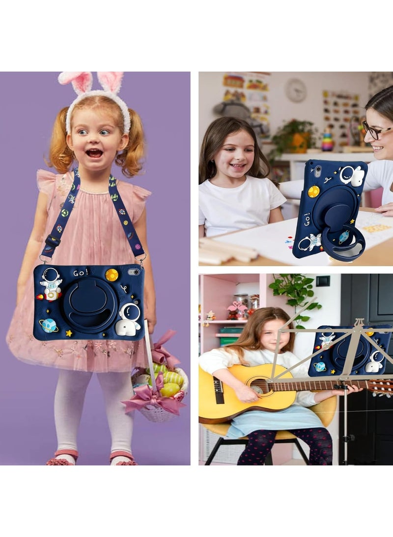 اووكاي جراب أطفال متوافق مع جهاز iPad (A16) من الجيل الحادي عشر/العاشر (2025/2022)، جراب لطيف بتصميم رائد فضاء ثلاثي الأبعاد مع حامل بمقبض دوار 360 درجة، وحزام كتف (أزرق) [لا يشمل القلم]. - Image 2