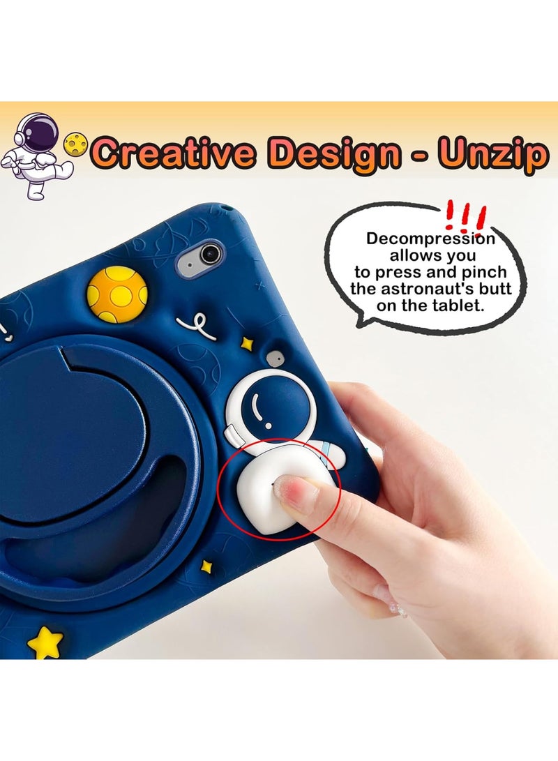 اووكاي جراب أطفال متوافق مع جهاز iPad (A16) من الجيل الحادي عشر/العاشر (2025/2022)، جراب لطيف بتصميم رائد فضاء ثلاثي الأبعاد مع حامل بمقبض دوار 360 درجة، وحزام كتف (أزرق) [لا يشمل القلم]. - Image 5