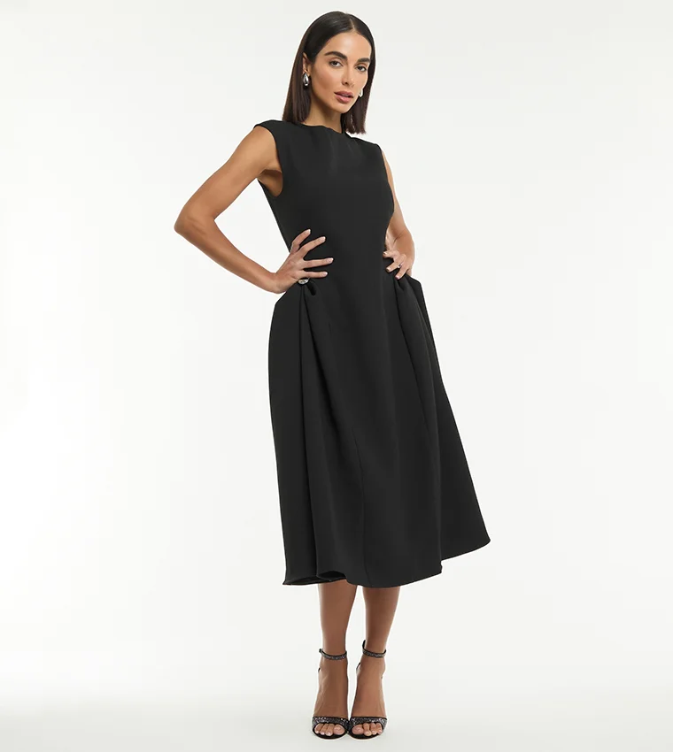 بي سي بي جي BCBG SLEEVELESS FIT AND FLARE TWILL MIDI DRESS