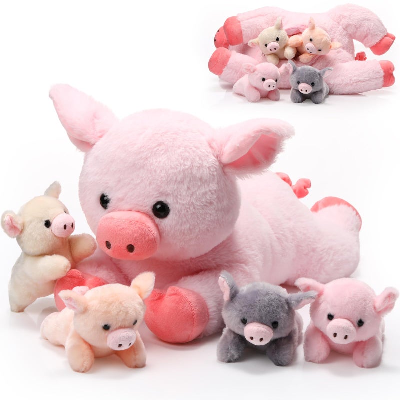 Silipull 5 Pcs Pig Stuffed Animals 12 Inch Large Plush Mommy Pig with 4 Little Baby in Mother Belly Gifts for Mothers Boys and Girls Graduation Birthday Party FavorsLying - Image 2